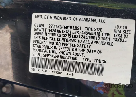 2019 Honda Ridgeline Rtl из США, поврежденный, VIN 5FPYK3F51KB047180